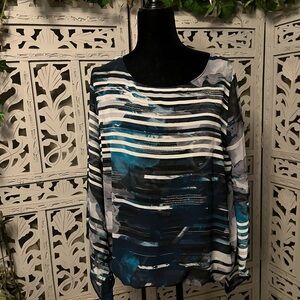 ALFANI AWESOME TURQUOISE BLUE  GRAY & WHITE DESIGN SHEER LONG SLEEVES CLASSY TOP